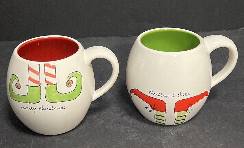 Rae Dunn Elf Feet Shoes Christmas Cheer Merry Christmas Coffee Tea Mug Lot Of 2